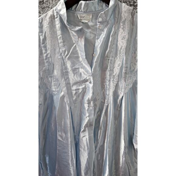 VTG Vanity‎ Fair Baby Blue Satin Maxi Nightgown Lace Long Sleeve Warm Lining Med - Picture 1 of 4